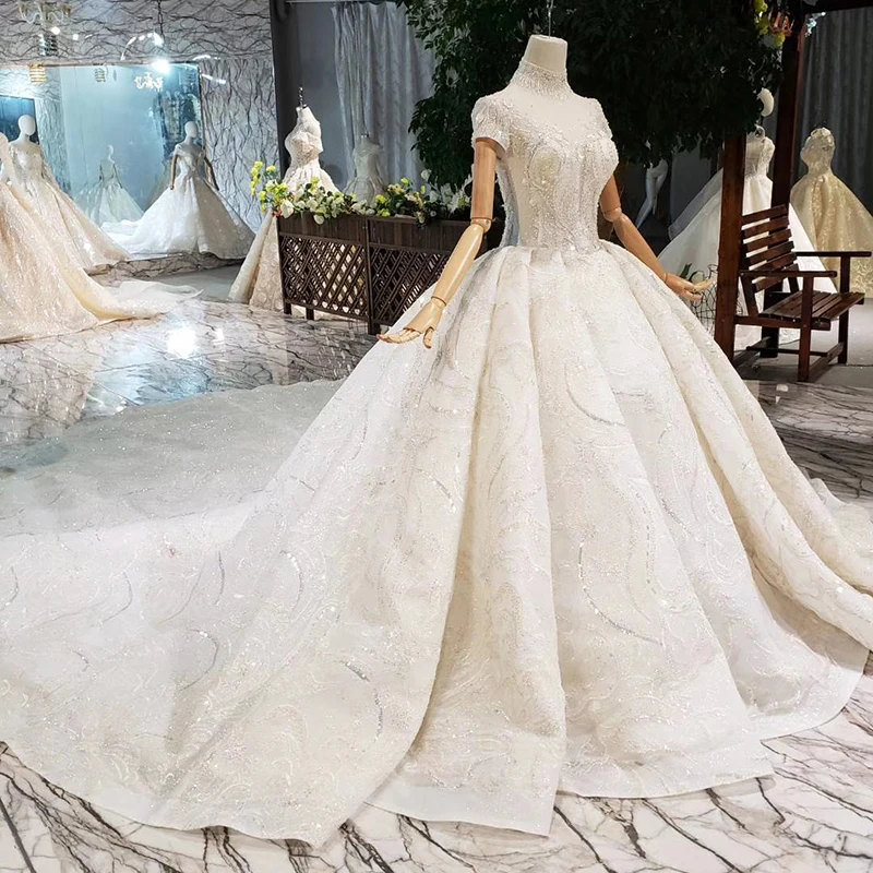 LS20472 Роскошные свадебные платья с вуалью для невесты высоким воротом коротким