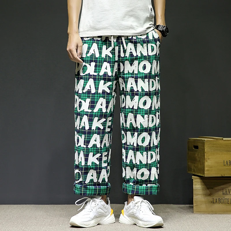 

Hip Hop Wide Leg Pants Men Fashion Letters Printed Casual Plaid Pants Men Streetwear Loose Straight Trousers Large Size M-5XL