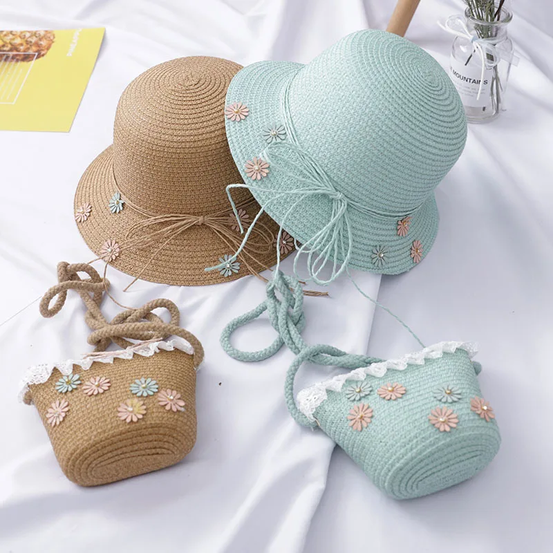 

Cute Girls Straw Hat Sun Hat +Should Bag Handbag 2pcs Sets for Tour Summer Kid Princess Bow Floral Beach Hats for Party Outdoor