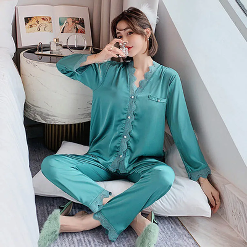 

Nightdress Woman Summer Cardigan Long-Sleeved Fragrance Wind Ice Silk Thin White Lace Lady Sexy Home Dress Suit