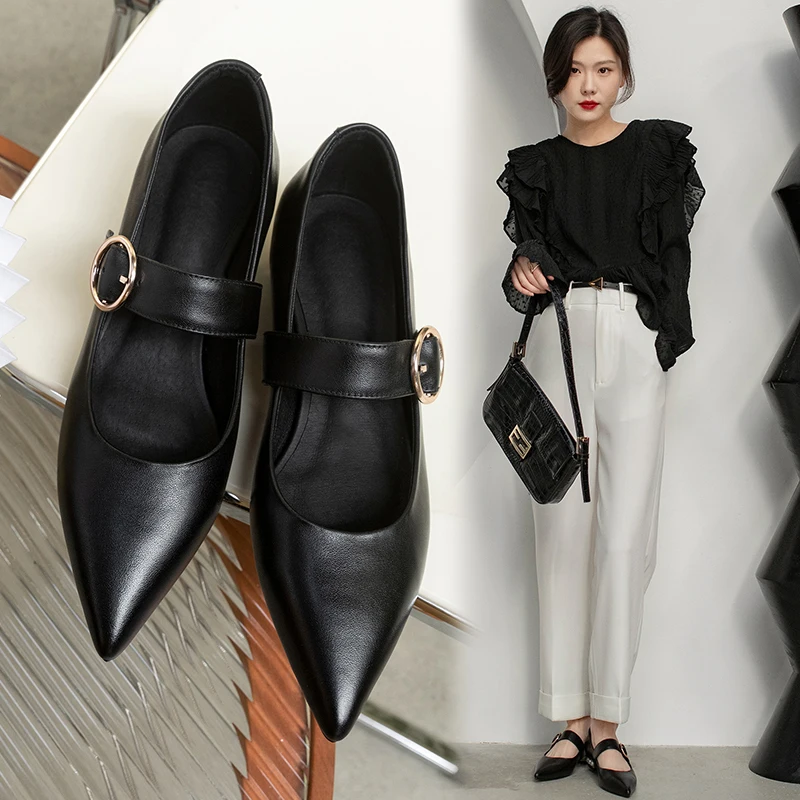 

Women Shoes Natural Leather pumps 22-24.5cm cowhide Sheepskin insole heels women Pointed toe pearl heel Mary Jane shoes spring