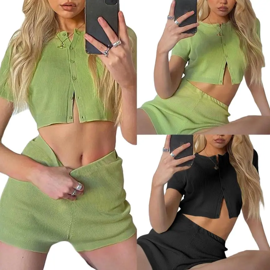 

2Pcs Women Summer Tracksuit Solid Color Short Sleeves Button-Open Crop Tops Tight Shorts Suit for Girls Black Green