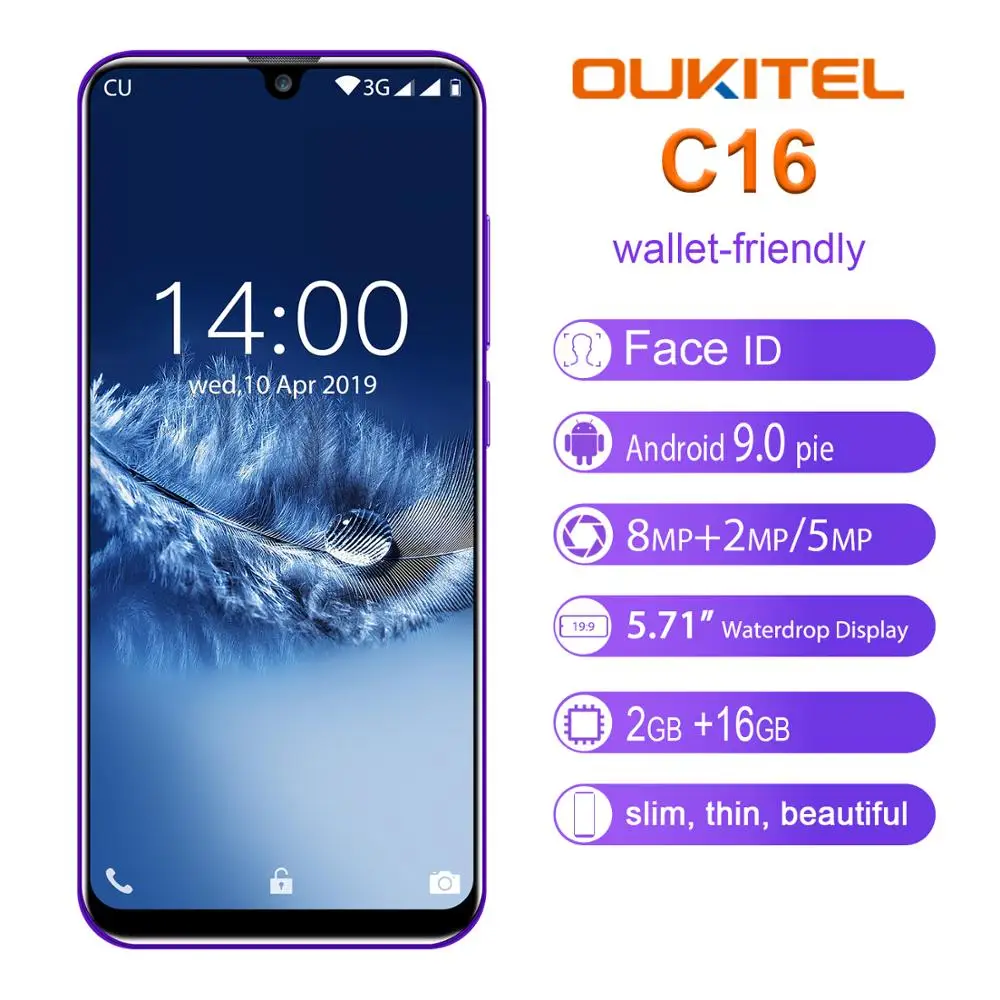 OUKITEL C16 5.71'ɺndroid 9.0 19:9 Waterdrop Screen CellPhone MT6580P 2GB RAM 16GB ROM Smartphone Dual Back Camera Mobile Phone |