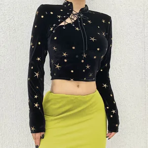 Женские велюровые футболки со звездой и вышивкой, сексуальные короткие велюровые Топы с длинным рукавом, женские велюровые укороченные топы со шнуровкой на воротнике