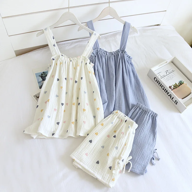 

100% Cotton Gauze Pajamas Sets Summer Pajama Solid Color Cami Top and Shorts Lounge Sets Teen Girls 2 Piece Sleepwear Pj Sets