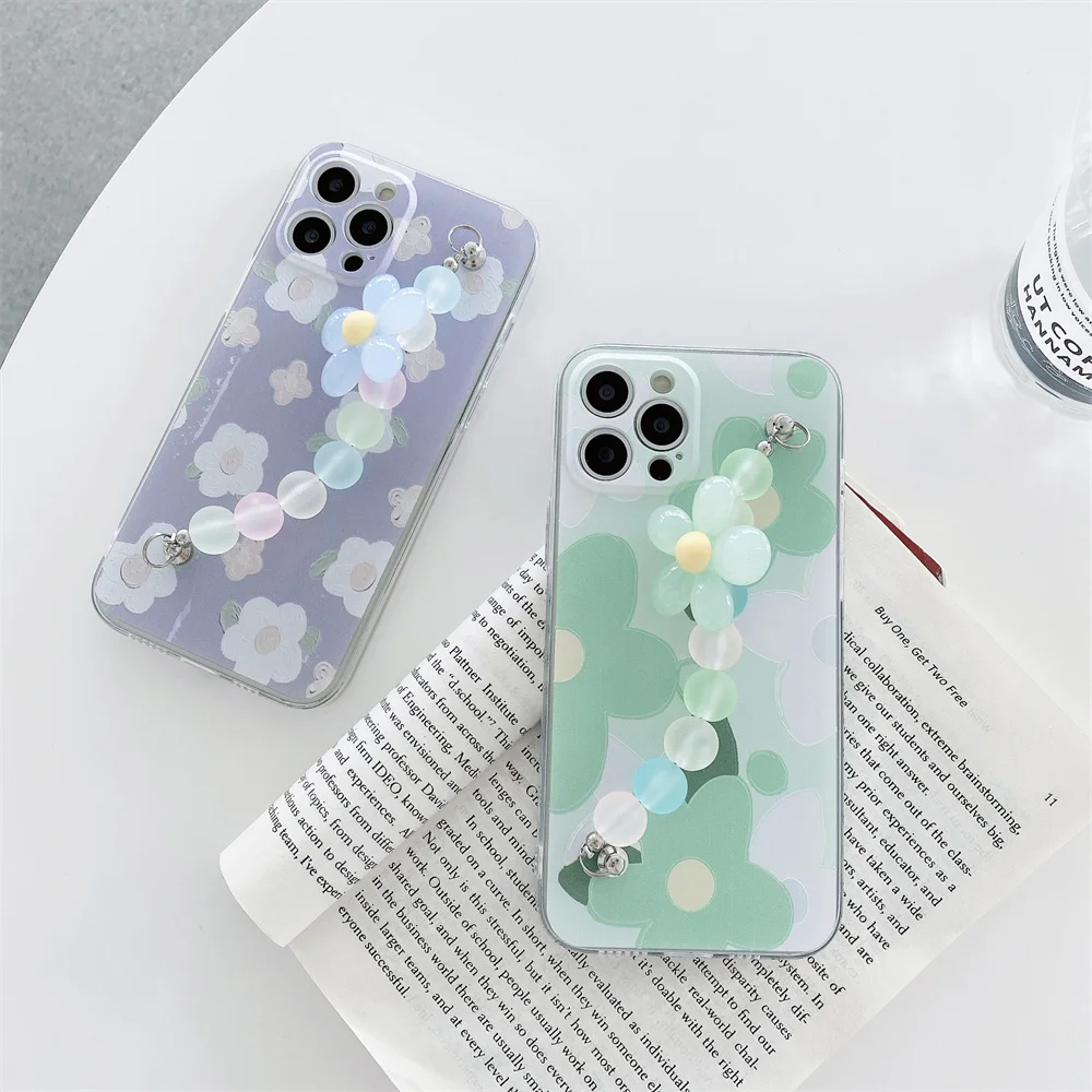 

3D Relief Flower Case For Samsung Galaxy S10 S20 FE S21 Note 8 9 10 Lite 20 Ultra Plus Transparent wrist strap bracelet Cover