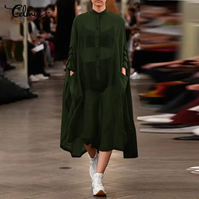 

Celmia 2022 женское длинное платье-рубашка с большими карманами, модные платья-миди с расклешенными рукавами и асимметричным подолом, праздничн...