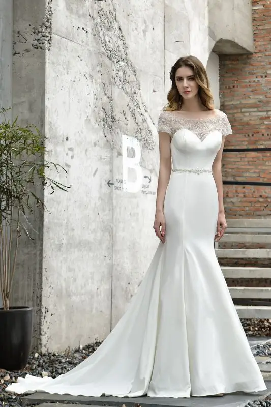 

Elegant Vestido De Noiva Cheap Wedding Dresses Mermaid Short Sleeves Backless Dubai Arabic Wedding Gown Bridal