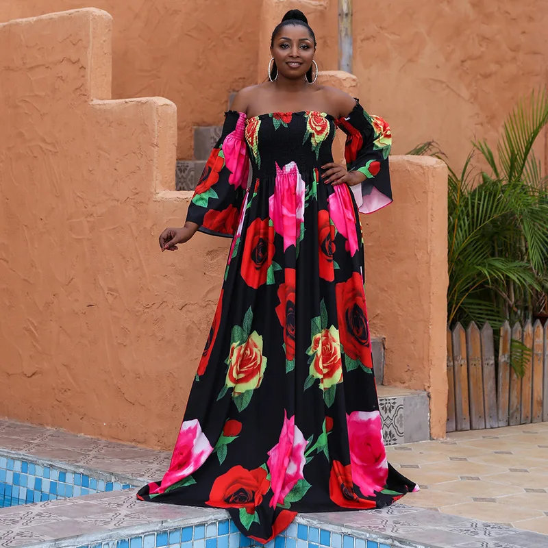 

2021 Fashion Bohemia Off The Shoudler Loose Long Printed Vacation Beach Style Mother Dresses Fat Plus Size Prom Party Vestidos