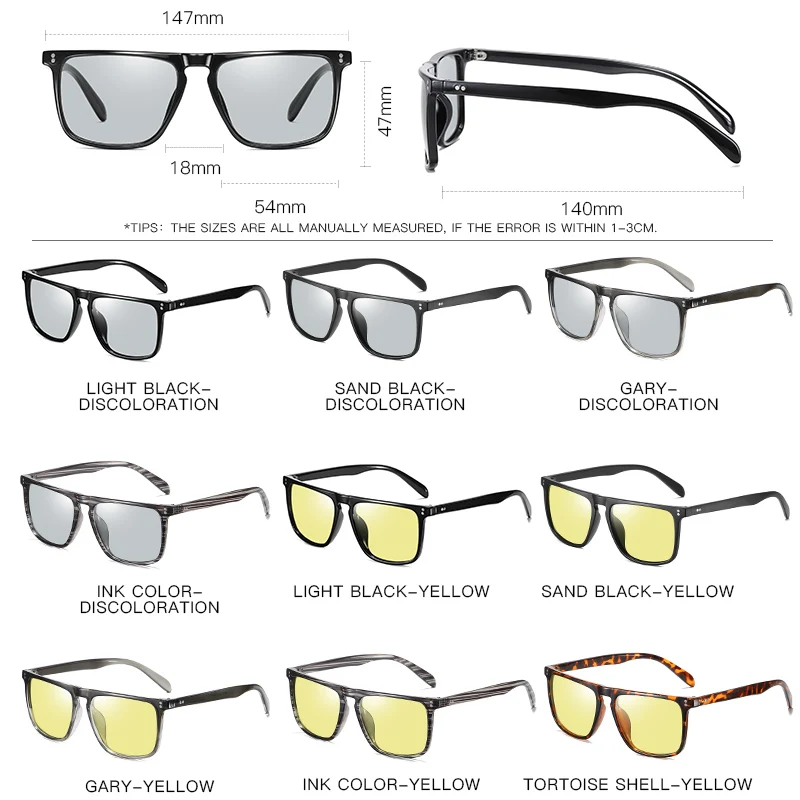 Square Retro Rivet Photochromic Sunglasses Men Polarized Women Sports Sun Glasses Day Night Vision Driving gafas de sol hombre