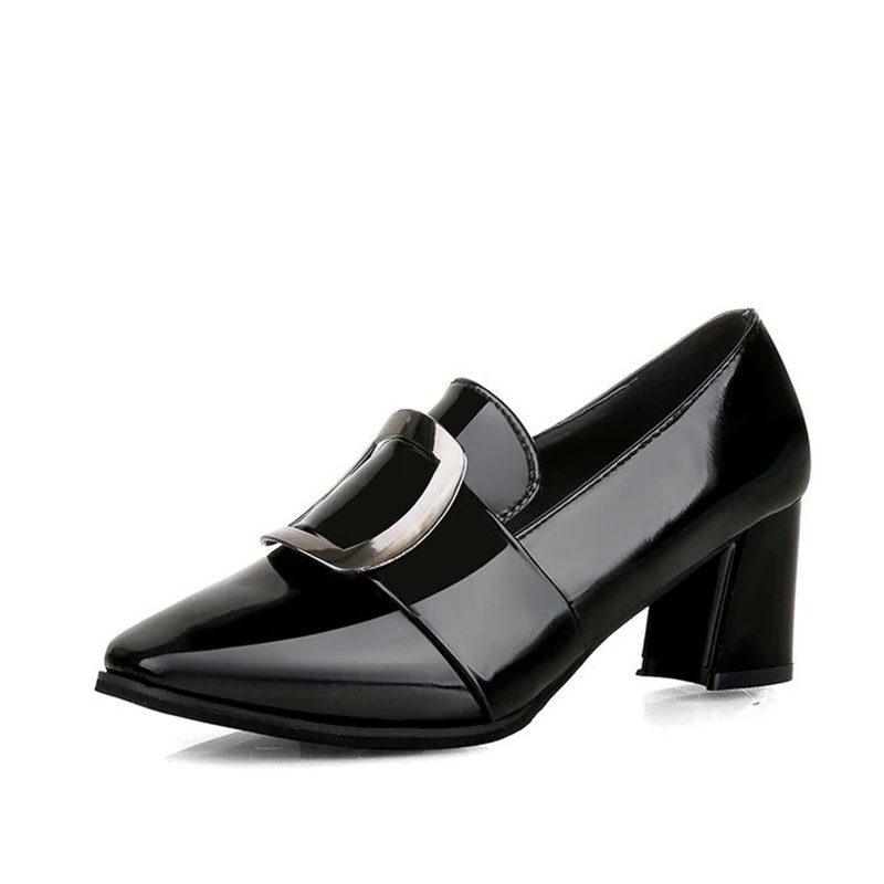 

Women's Patent Leather Buckle Pumps Spring Woman Crystal Slip On Square Toe Chunky Heels Female Fashion Ladies Dress Shoes