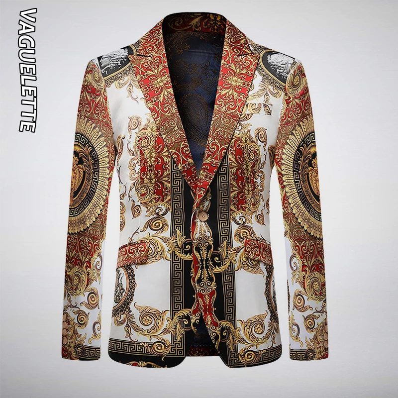 Мужской повседневный блейзер с золотистым цветочным принтом приталенный пиджак