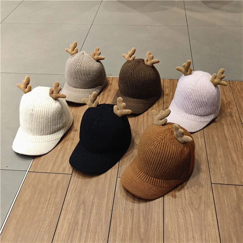 

New Autumn Winter Woollen Visors Women Cute Deer Horn Knitted Beanie Hat Thick Warm Peaked Cap Flat Duck Caps 54-59cm 6 Colors