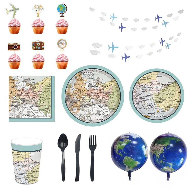 

World Map Theme Disposable Tableware Set Paper Plates Cup Straw Spoon Fork Children Birthday Party Decorations Supplies