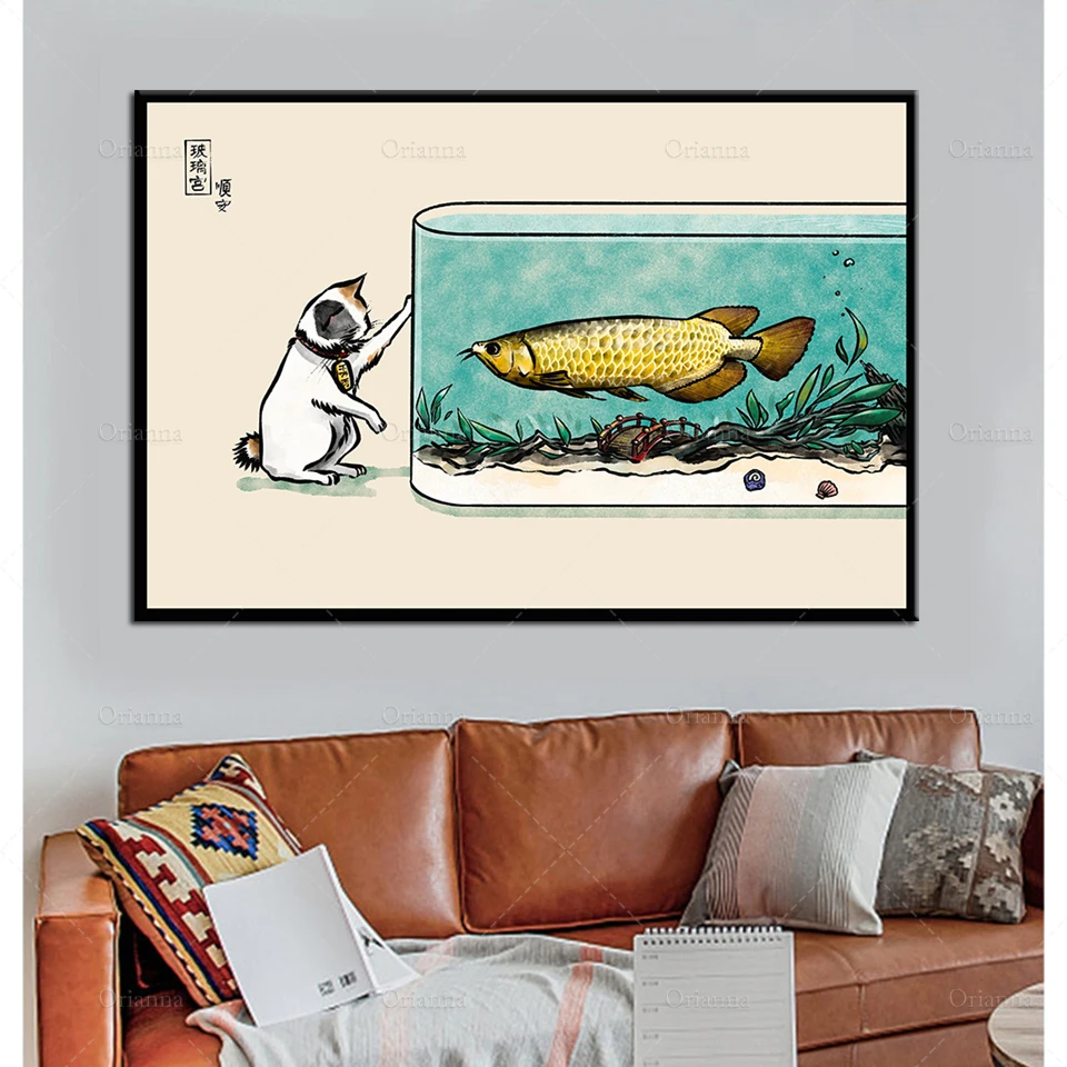 

Glass Palace Arowana Aquarium Fish Maneki Neko Cat Vintage Painting Posters And Prints Canvas Wall Art Pictures For Living Room