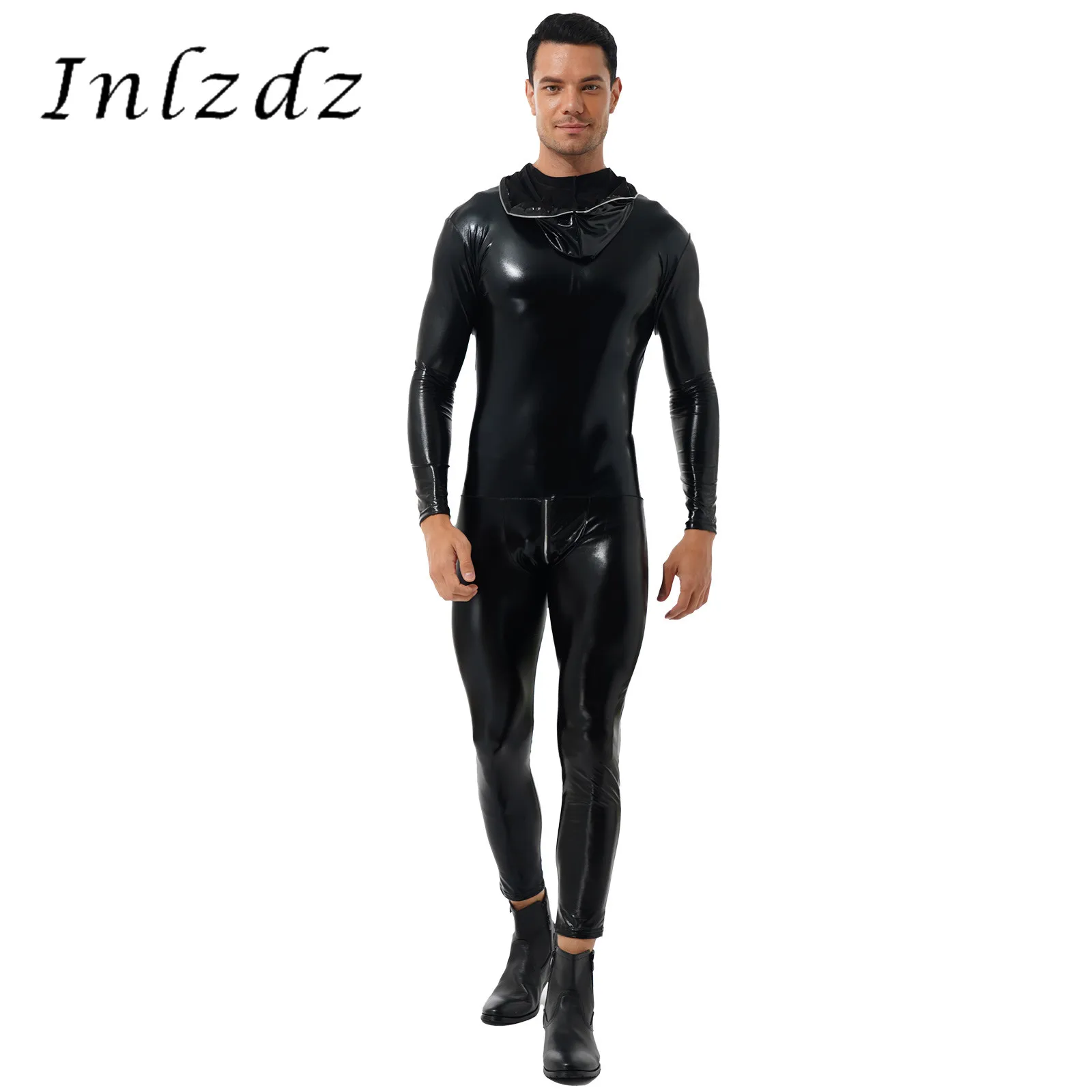 

Мужской комбинезон с капюшоном из лакированной кожи на молнии сзади, Эластичные Обтягивающие Комбинезоны для ночного клуба, сцены, Клубная одежда, костюм для ролевых игр