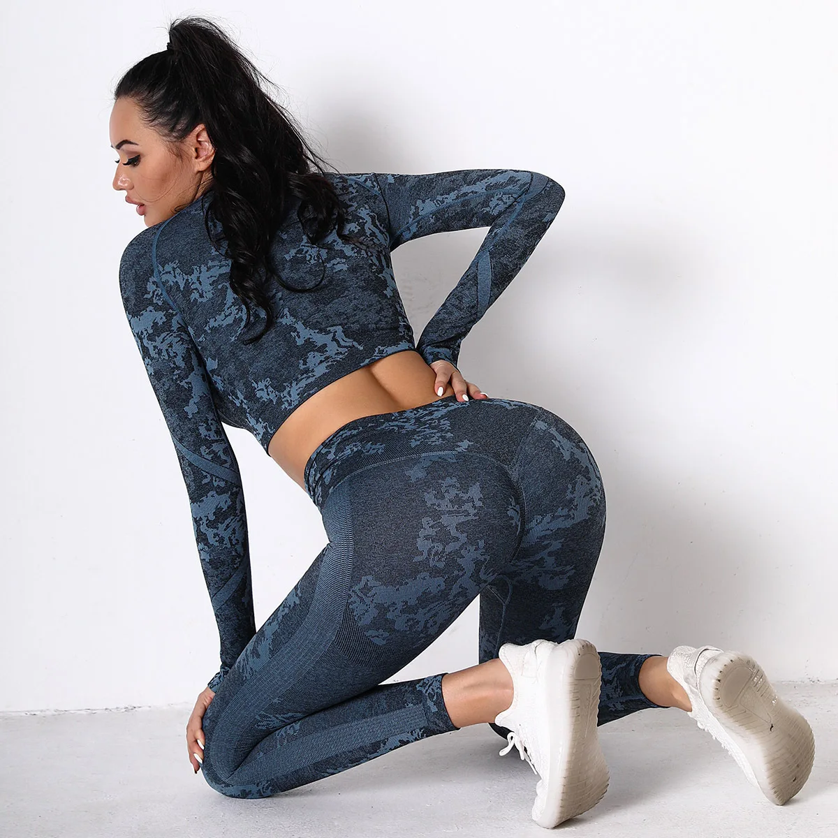 

Yoga Clothes Women Seamless Knitted Camouflage Corset Suits High Elastic Body Long Sleeve Yoga Pants Women
