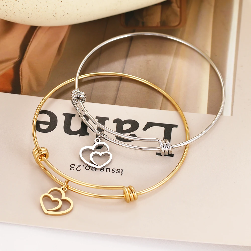 CACANA 316L регулируемый браслет из нержавеющей стали золотые полые двойные сердца