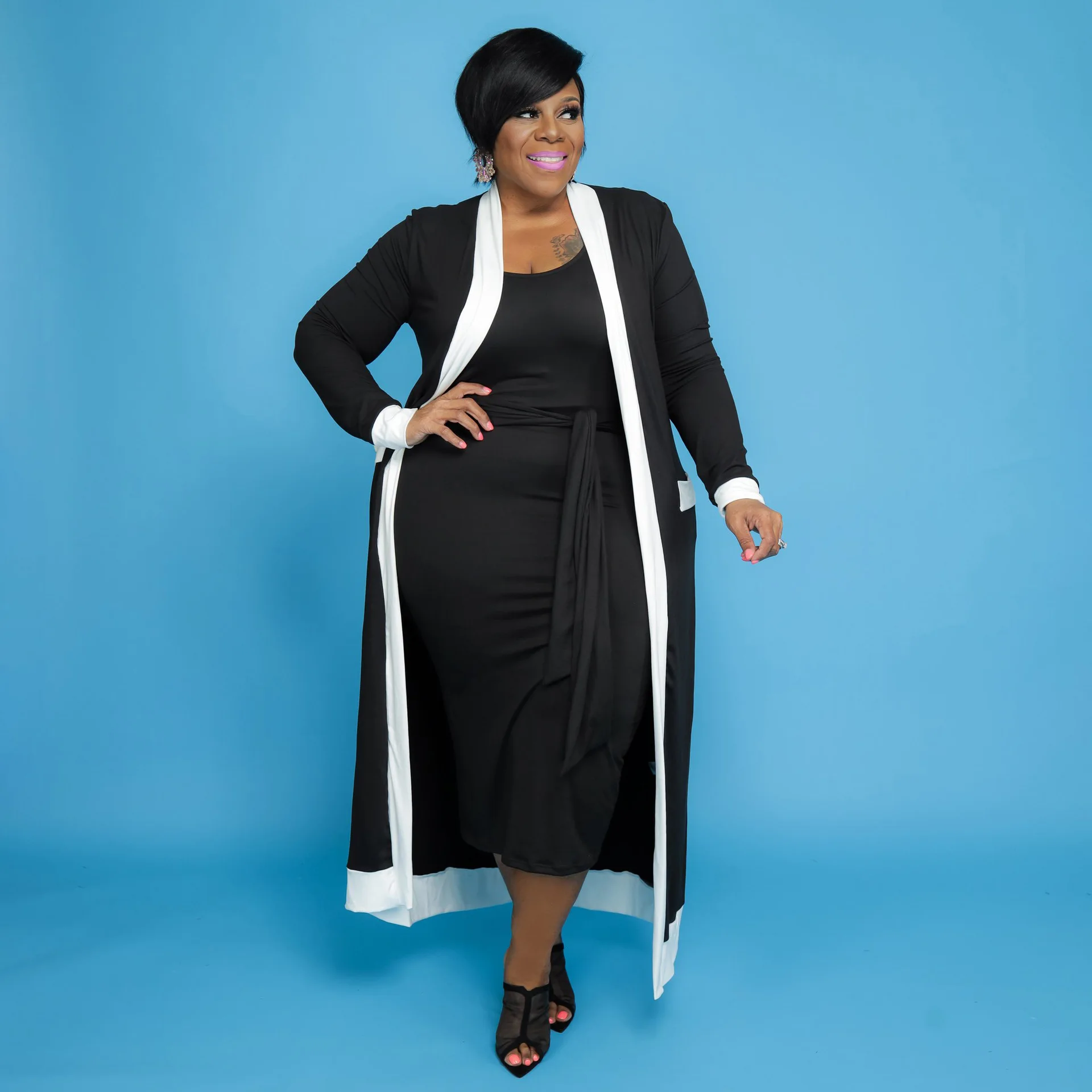 

ChocoMisty-LadyPlus Plus-size Color Block Cardigan Lace-up Dress Set P5101