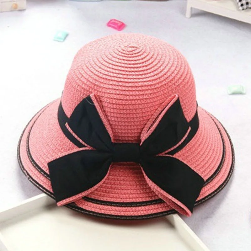 

Block sun child baby Girl boy adult female summer hat British retro big bow princess curling straw beach hat lm11