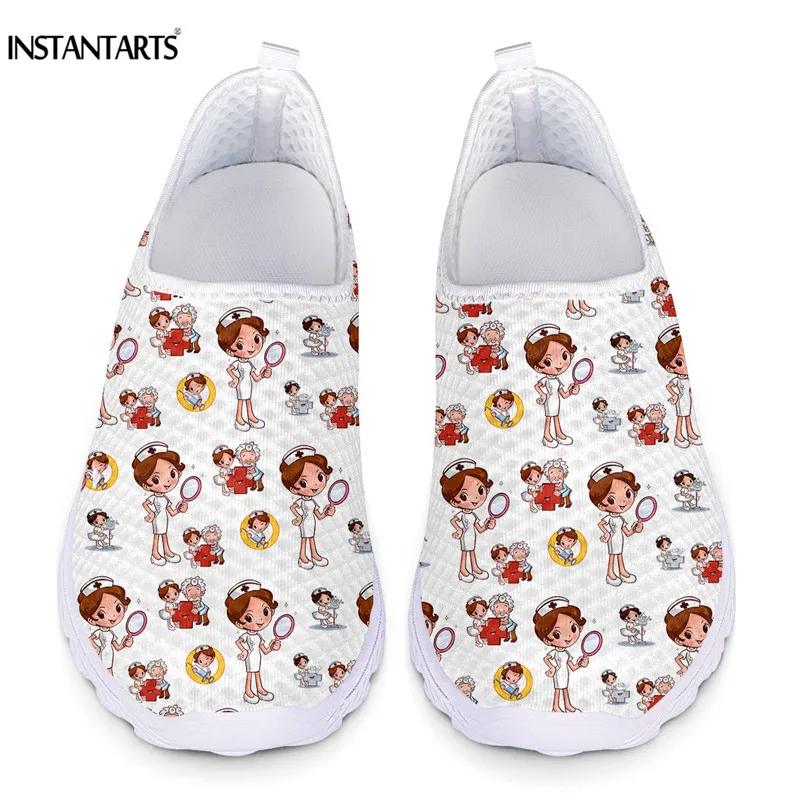 

INSTANTARTS Nursing Shoe Cartoon Nurse Women Pattern 3D Printing Design Breathable Mesh Slip on Sneakers for Ladies Casual Flats