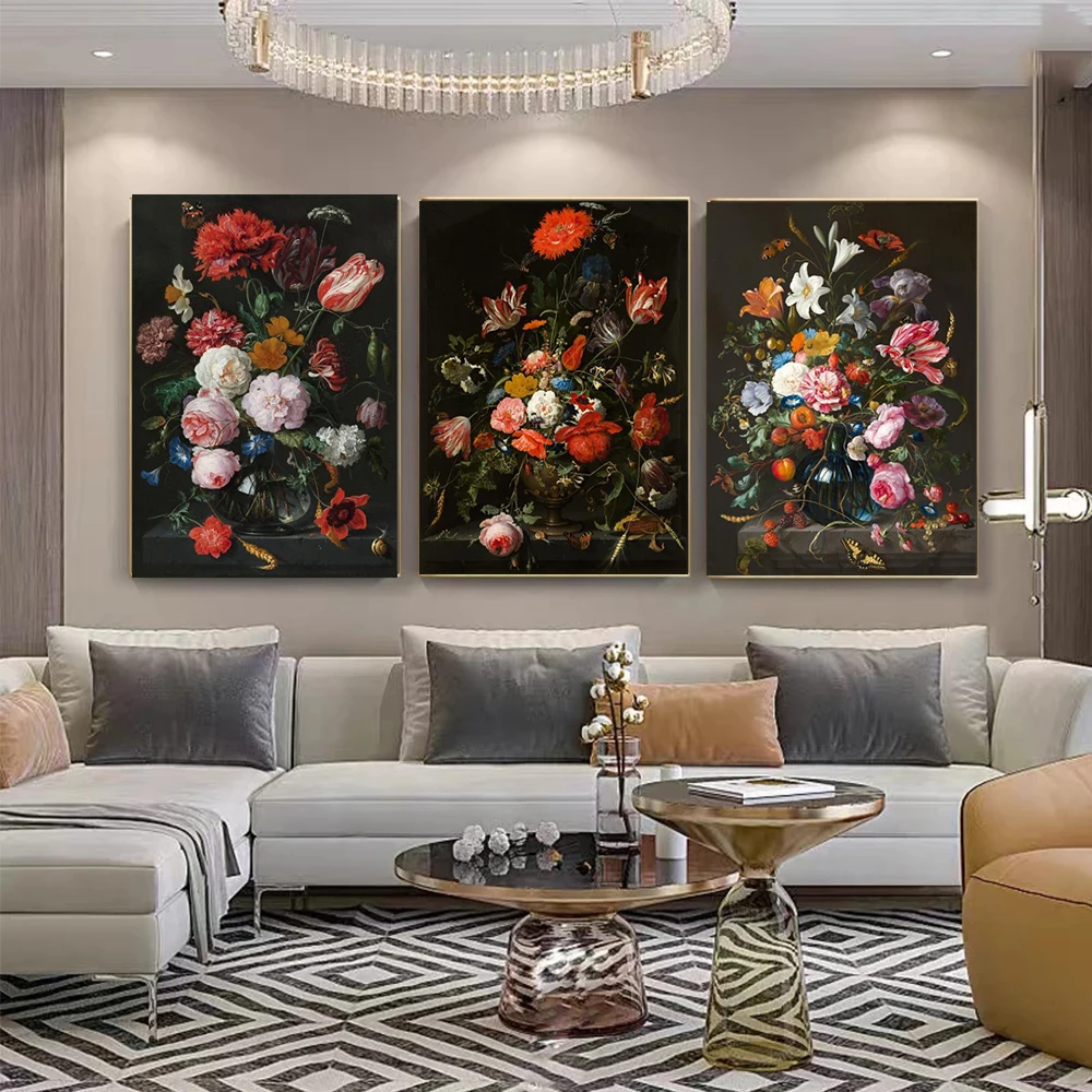 

Flowers in a glass vase Nordic art poster and European vintage canvas painting wall decoration still life