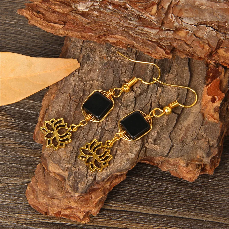 

Handmade New Fashion Jewelry Boho Style Black Agate Lotus Ohm Buddha Drop Earrings for Women Bridal Earrings Yoga Jewelry Gift