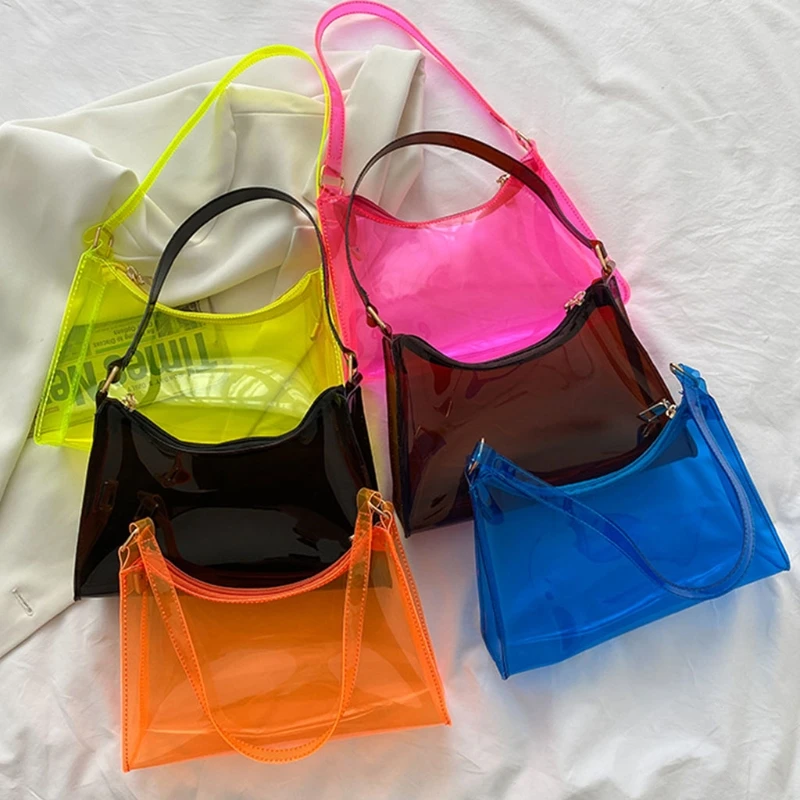 

Transparent Clear Jelly Handbag Female Elegant Evening Party Underarm Bag Women Travel Shoulder Bag Fluorescent Shopping Tote