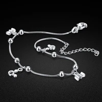 solid silver womens anklet 100 925 silver round bead snake chain ankle jewelry summer fashion accessories 23 5cm length