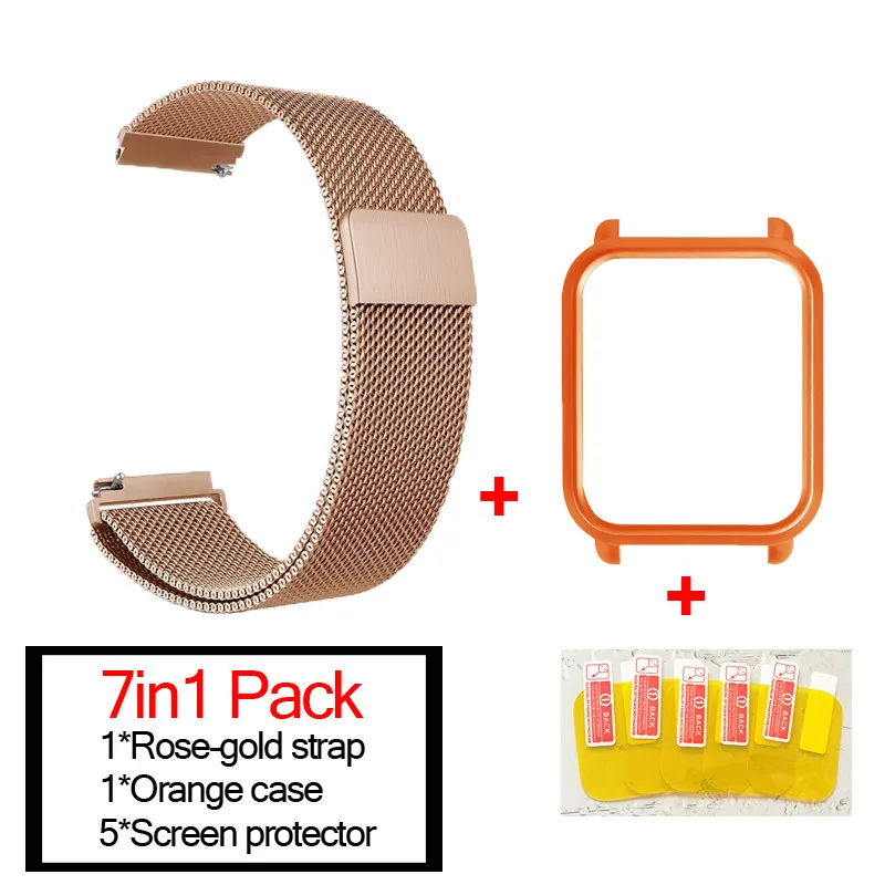 rose gold-orange 7в1 для Xiaomi Huami Amazfit ремешок bip браслет из Миланского нержавеющей стали Smartwatch Браслет Amazfit bip защитный чехол для экрана - Цвет: rose gold-orange