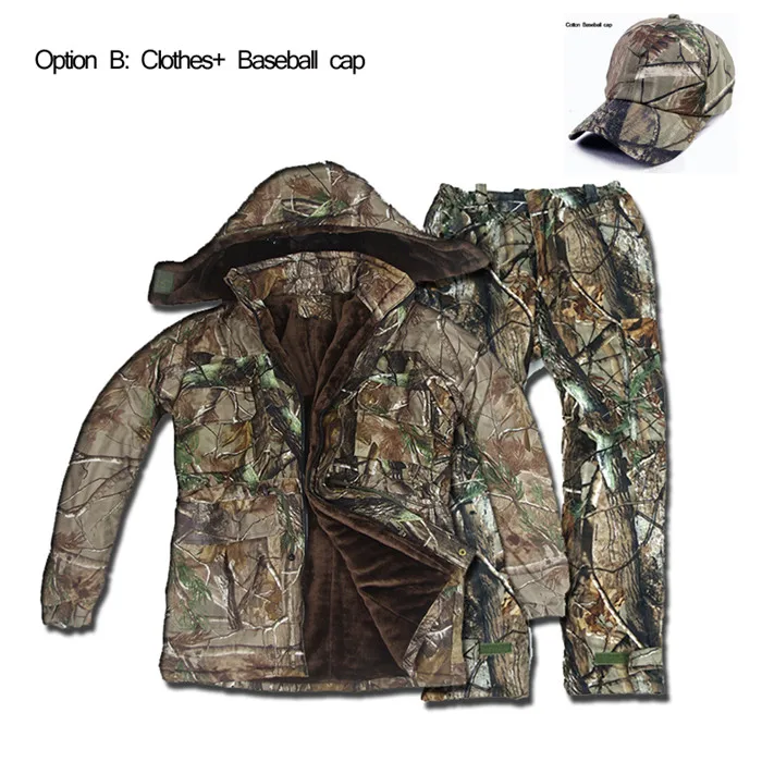 Option B clothes cap Высокое качество мужские зимние толстые Bionic Камуфляж ледяная Рыбалка Охота Ghillie костюм Открытый военный холодную погоду хлопковое пальто костюм - Цвет: Option B clothes cap