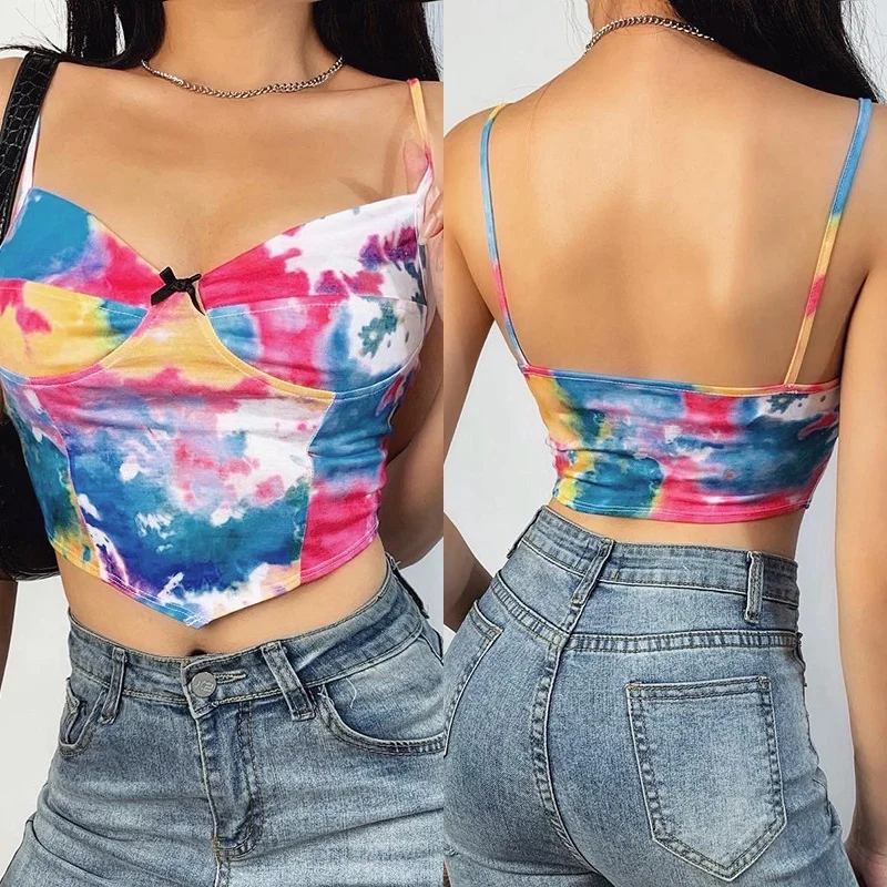 

Милый укороченный топ Tie Dye на бретелях-спагетти, летняя модная облегающая красочная уличная одежда с открытой спиной, праздничные Топы