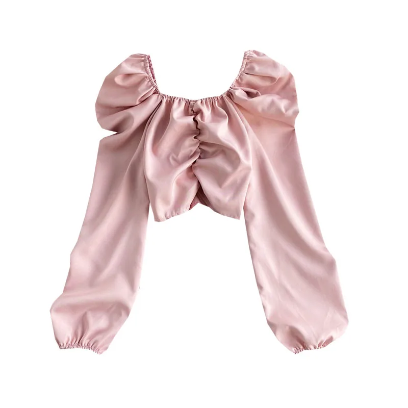 

Spring Autumn New French Solid Color Square Collar Puff Sleeve Shirt Women Retro Clavicle Was Thin Fold Short Top UK951