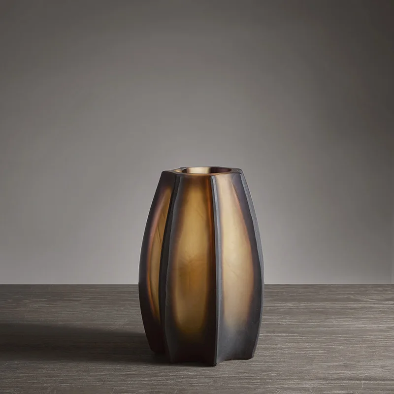 

zq Faceted Carved Ground Glass Vase Living Room Flower Arrangement Dried Flower Ornaments Amber Two-Tone Flowerpot Decoration