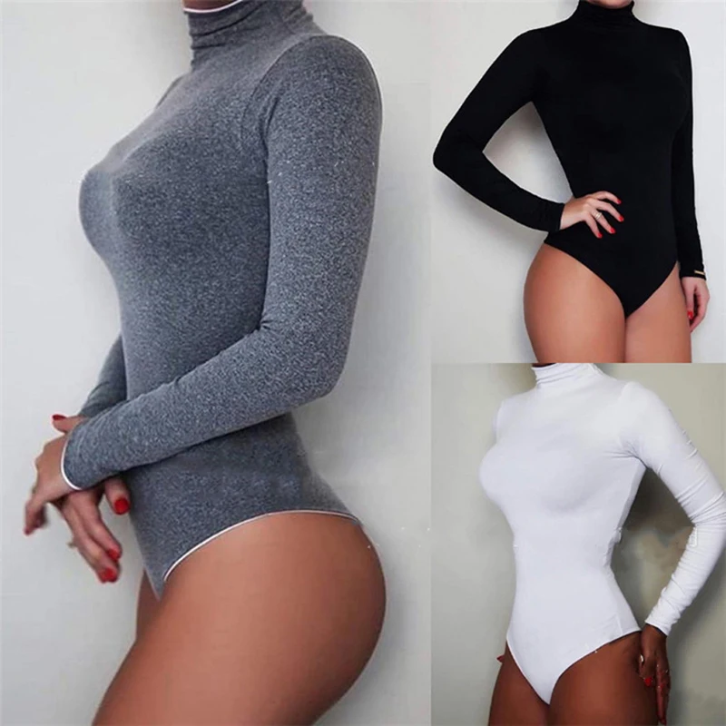 

Sexy Women Swimming suit Ladies Turtle Neck Jumpsuits bodysuit Long Sleeve Leotard Tops Romper Clothes S-XL