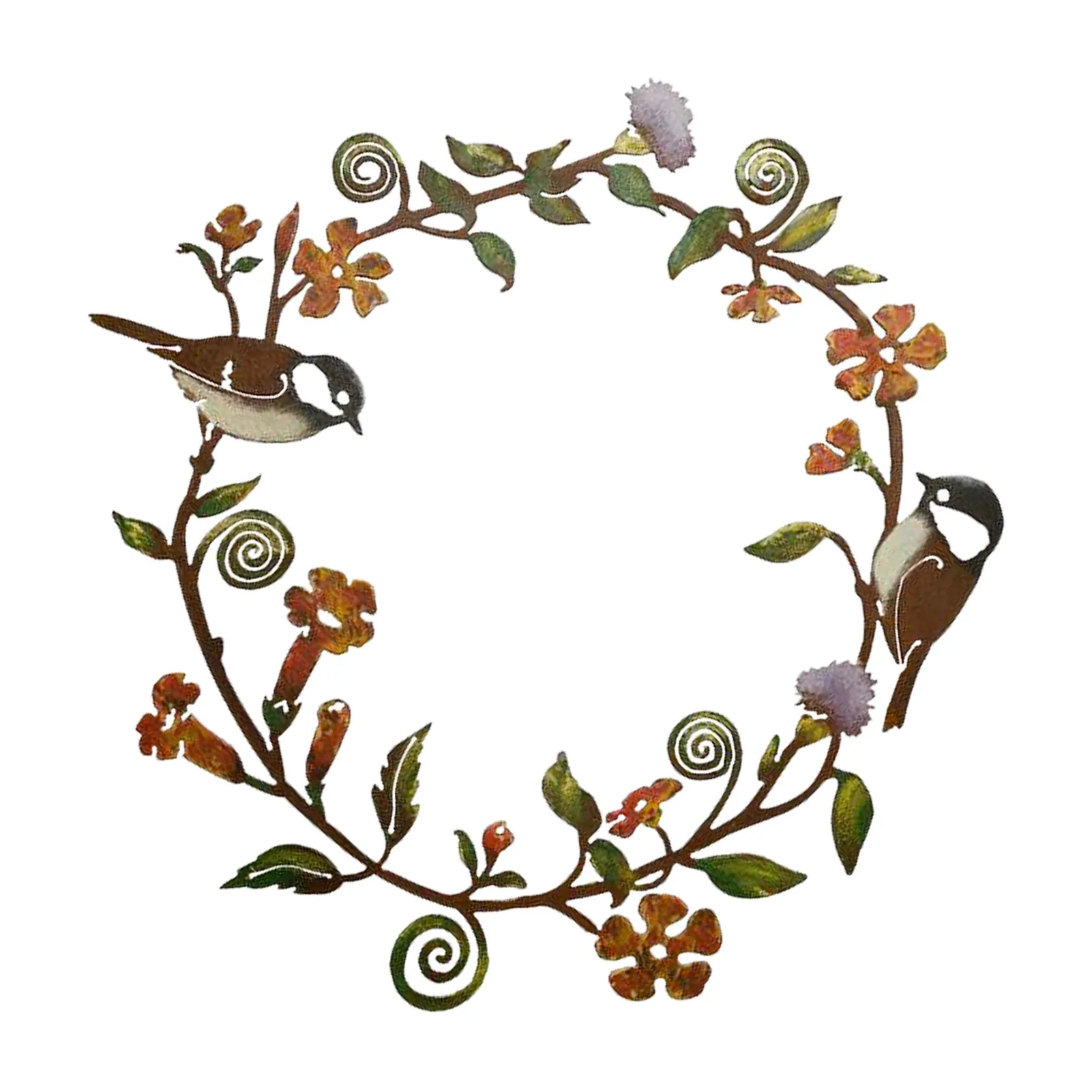 

Stainless Steel Chickadees Flower Wreath Wrought Iron Wall Art Porch Window Bird Hanging Decor Metal Crafts Ornament