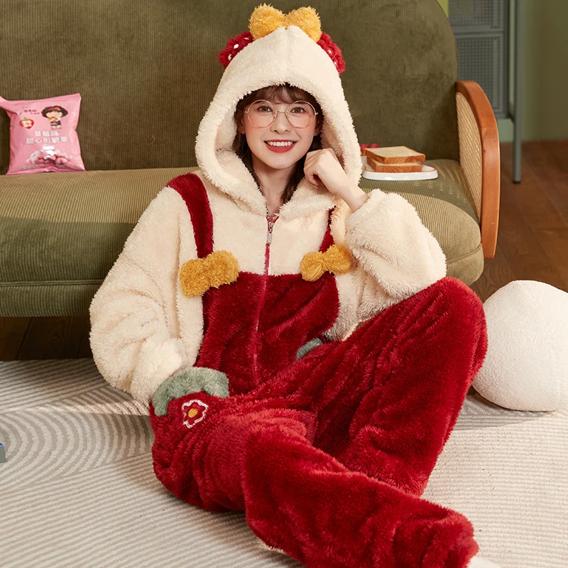 Women Sleepwear Coral Fleece Winter Pajamas Hooded Nonopnd Inspissate Cartoon Pullover Plus Size Nightgown Loose Version