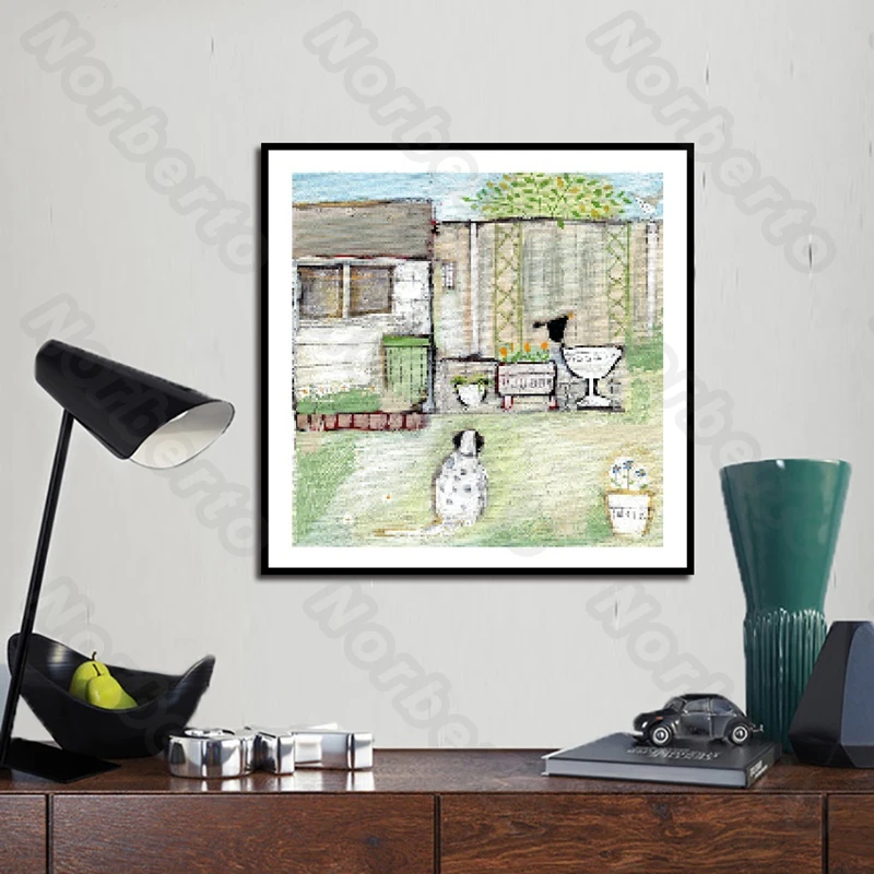 

Cartoon Drawing Pictures Canvas Painting Poster Rural Animals Life Houses Dogs Gooses for Living Room Bedroom Restaurant Decorat