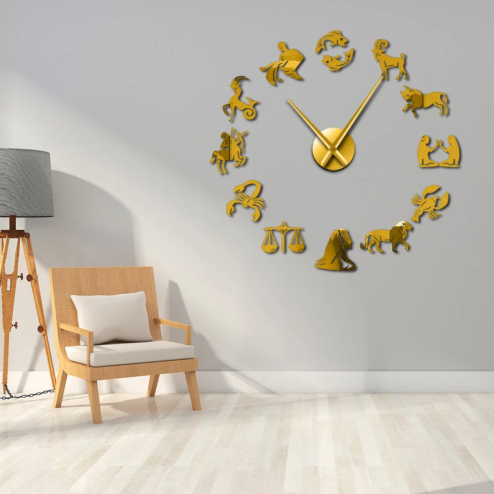 12 Zodiac Signs 3D Acrylic DIY Wall Clock Modern Astrology Wall Art Decor Quiet Sweep Clock Watch Creative Show Mirror Effect