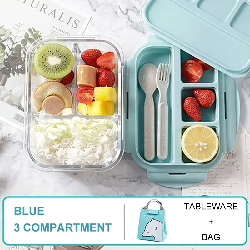 Baispo Ланч-бокс для детей стеклянный микроволновый Bento box контейнер для еды и отсек для хранения школы герметичный кухонный с подогревом - Цвет: Blue 3 gird set