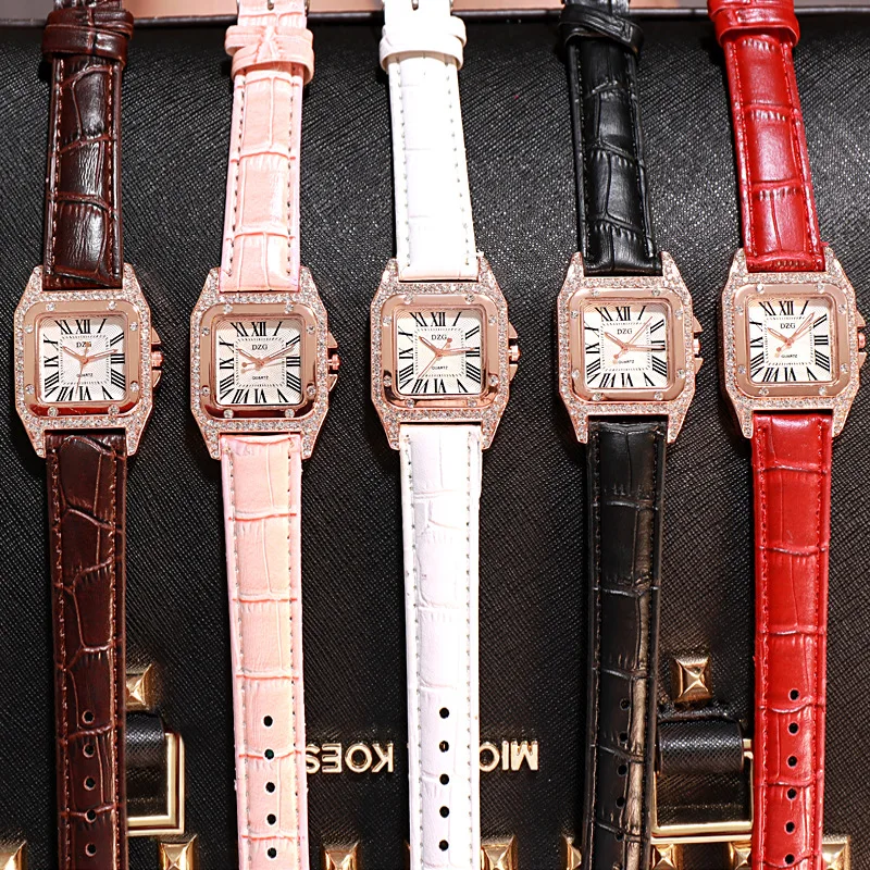

Women's Watch Fashion Luxury Diamond Square Ladies Watch For Women Leather Band Quartz Wristwatch Female Clock zegarek damski