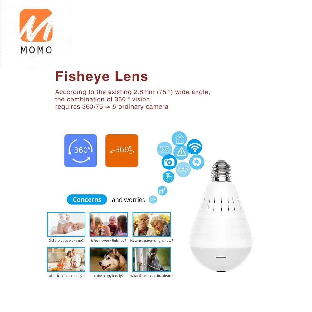 Камера Wi-Fi 360 градусов Панорамное семейное видеонаблюдение камера с лампочкой и