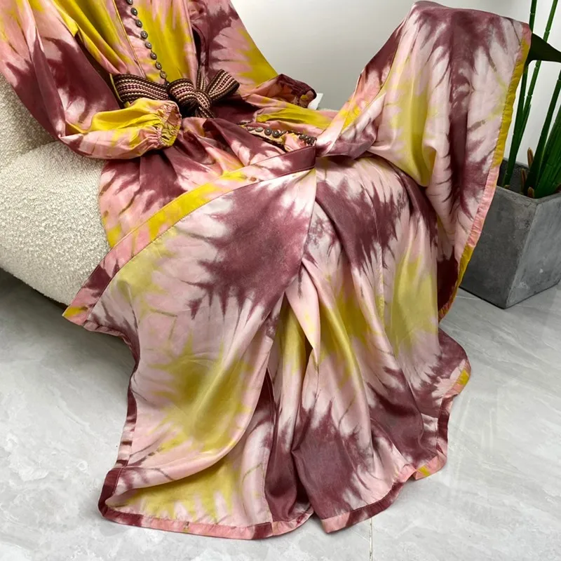 

2021 New Summer Women Fashion Floral Print Long Sleeve Single Breasted Mid-calf Dresses High Quality Silk