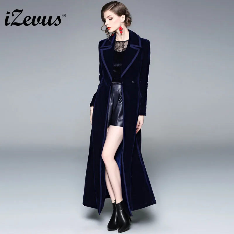 

IZEVUS Elegant Vintage Blazer Designer Elegant Outerwear Women Autumn Winter Long Maxi Velvet Trench Coat Streetwear Female