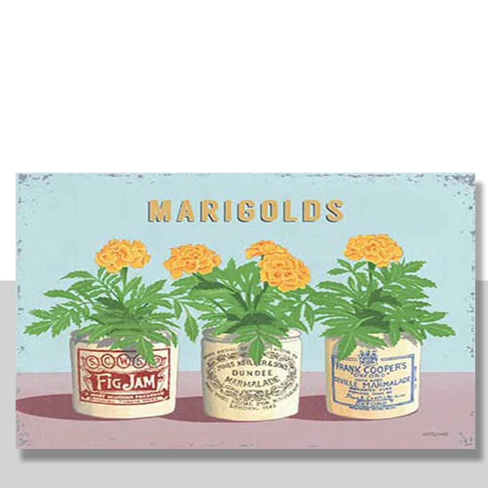 

Marigolds Vintage Flower Pots Home Garden Kitchen Bathroom Medium Metal Tin Sign