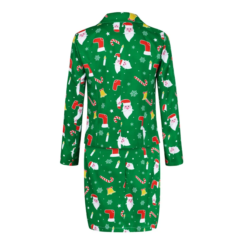 

Cute Santa Candy Cane Print Christmas Skirt Suit Set for Women Kawaii Ladies Xmas Party Single Button Christmas Blazer and Skirt