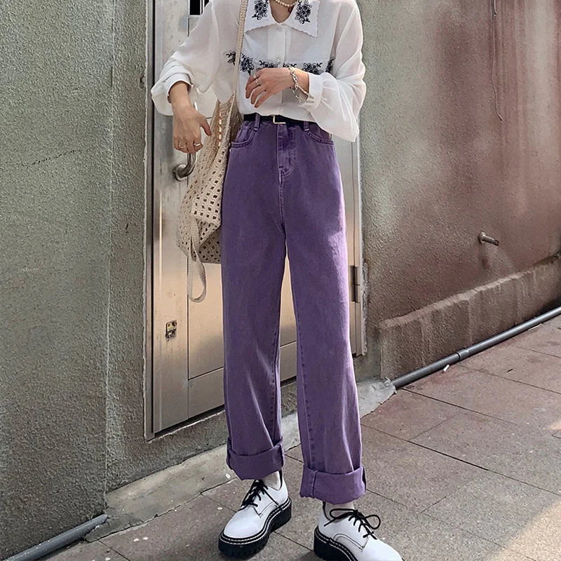 

SHZQ Bella High Waist Purple Jeans Harajuku Korean Ulzzang Denim Pants Wild Daily Casual Girl Loose Trouser Streetwear