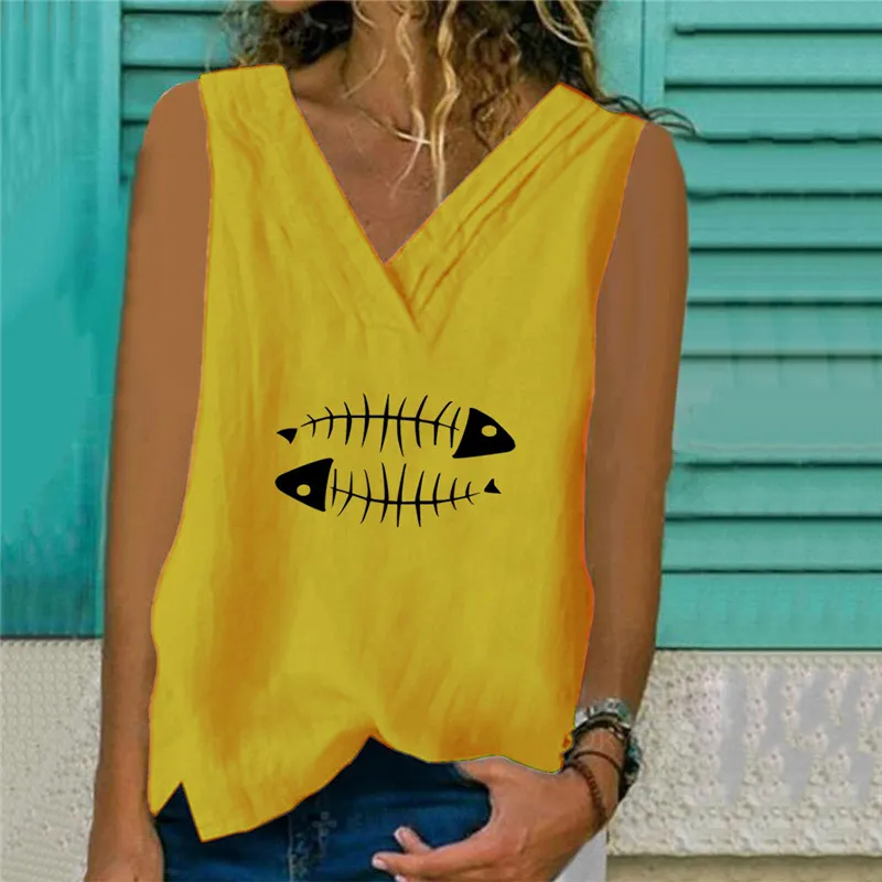 Футболка женская без рукавов модный топ из хлопка и льна с графическим принтом