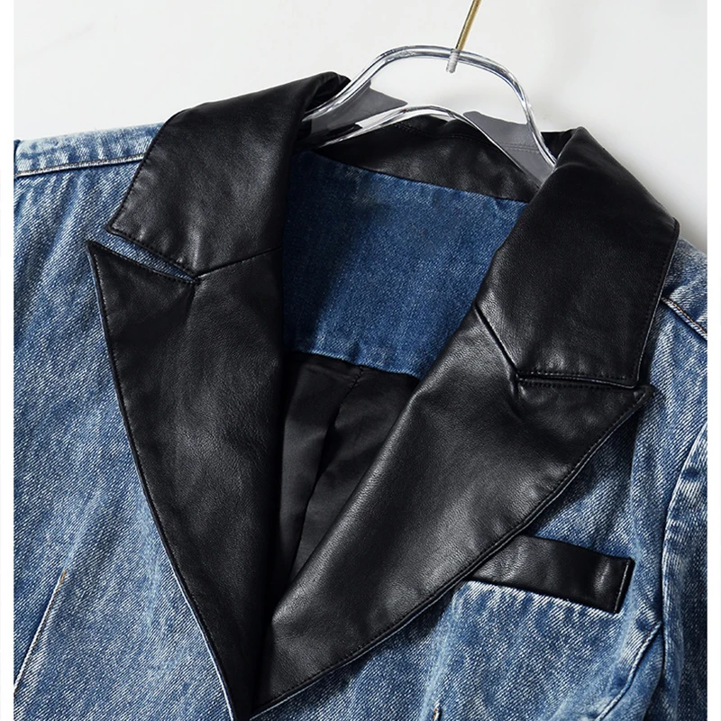 

2021 Spring V-neck Notched PU Leather Patchwork Color Matching Slim Single Breasted Waist Slimming Cenim Suit Jacket Women