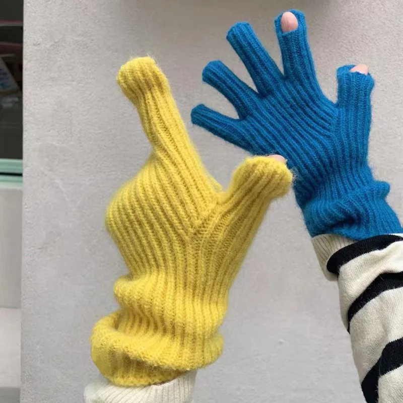 

Helisopus Solid Color Wool Knitted KGloves Female Winter Touch Screen Riding Split Finger Couple Thick Warm Gloves INS Gloves